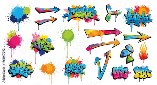 Colorful graffiti and arrow elements with splatter effects