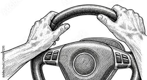 Hands on car steering wheel in detailed hand-drawn style