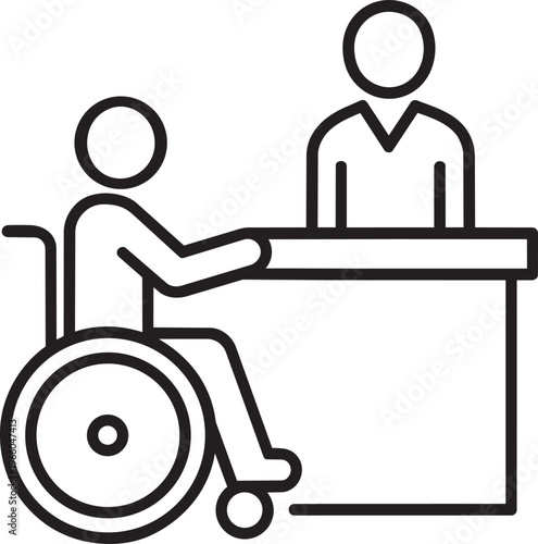 Wheelchair user at reception desk interacting with clerk representing accessible customer service and business vector line icon