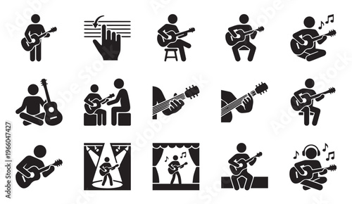 Guitar player lessons and live music performance stick figure icons