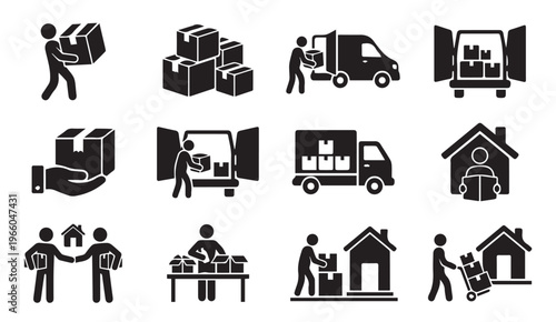 Moving and delivery service logistics black glyph icons set