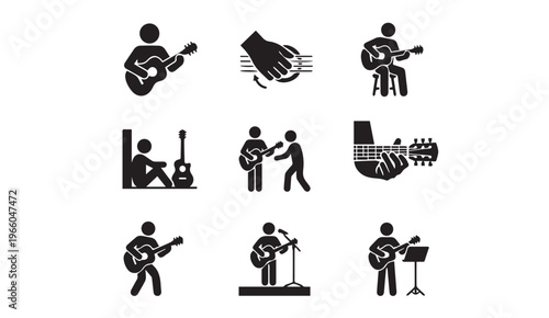 Musician playing acoustic guitar with lessons and performance icons