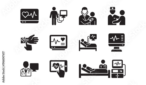 Medical monitoring & healthcare icons: heartbeat, patient, doctor, equipment