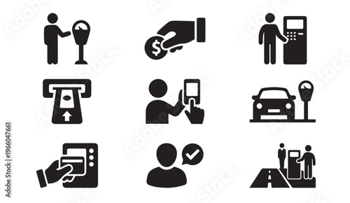 Parking payment & transaction icons: meter, cash, card, mobile app