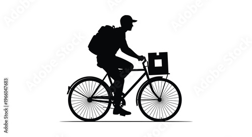 A delivery person rides a bicycle with a package captured as a striking black silhouette high quality professional detailed modern elegant