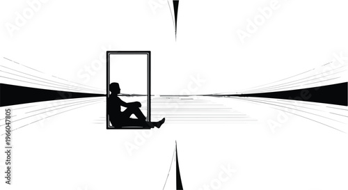 silhouette of a person sitting in a doorway with abstract lines
