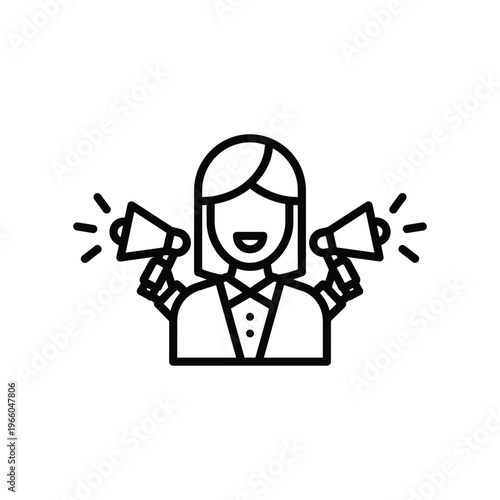 Minimalist line icon of a professional woman holding two megaphones representing marketing announcements and public relations promotion.