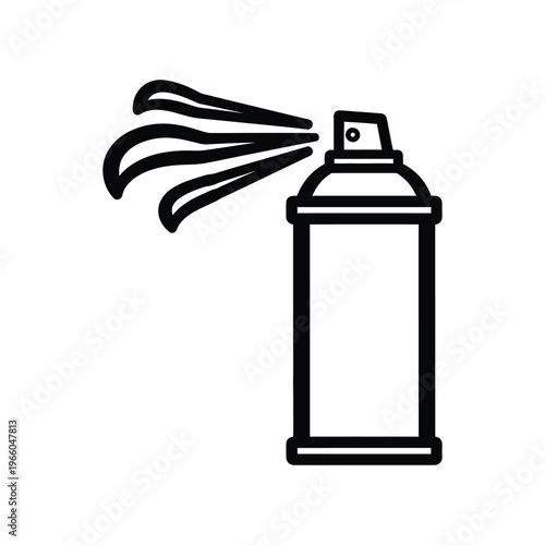 Minimalist black line icon of an aerosol spray can emitting a fine mist for graffiti art, cleaning, or industrial applications