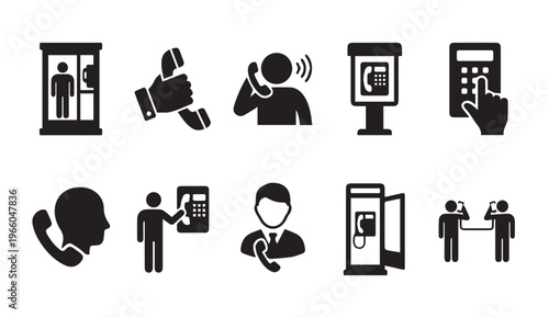 Telephone and communication icon set with phone booths and operator calling