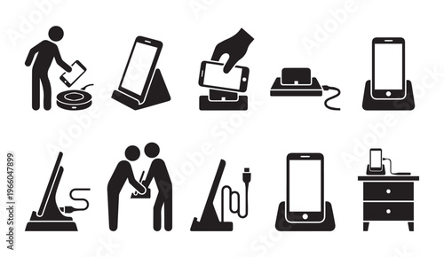 Smartphone stand and charging dock icon set for wireless mobile device charging