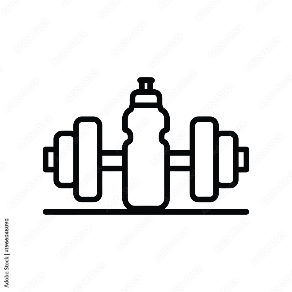 Obraz premium Minimalist fitness icon featuring a heavy dumbbell and a sports water bottle on a flat surface, representing gym workouts, hydration, and a healthy lifestyle.