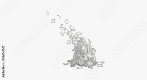 A cascade of monochrome coins forms a growing pile against a stark white background.