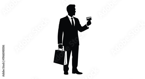 A sharply dressed businessman holds a card and bag presented as a striking black silhouette high quality professional detailed modern elegant