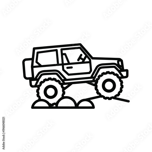 Minimalist line art icon of an off-road 4x4 vehicle climbing over rocky terrain for adventure and outdoor travel concepts