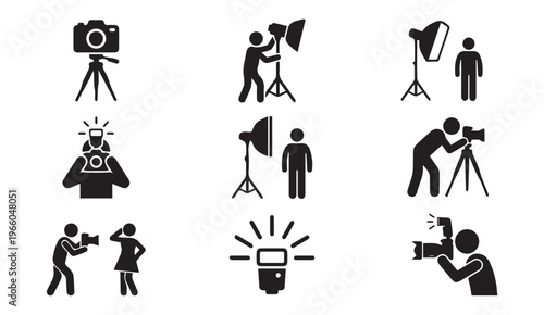 Photography studio icons set with camera tripod lighting and photographer
