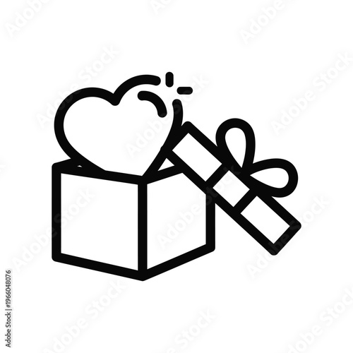 Minimalist line icon of a heart popping out of an open gift box representing love, surprise, and charitable donation for Valentine's Day or special occasions.