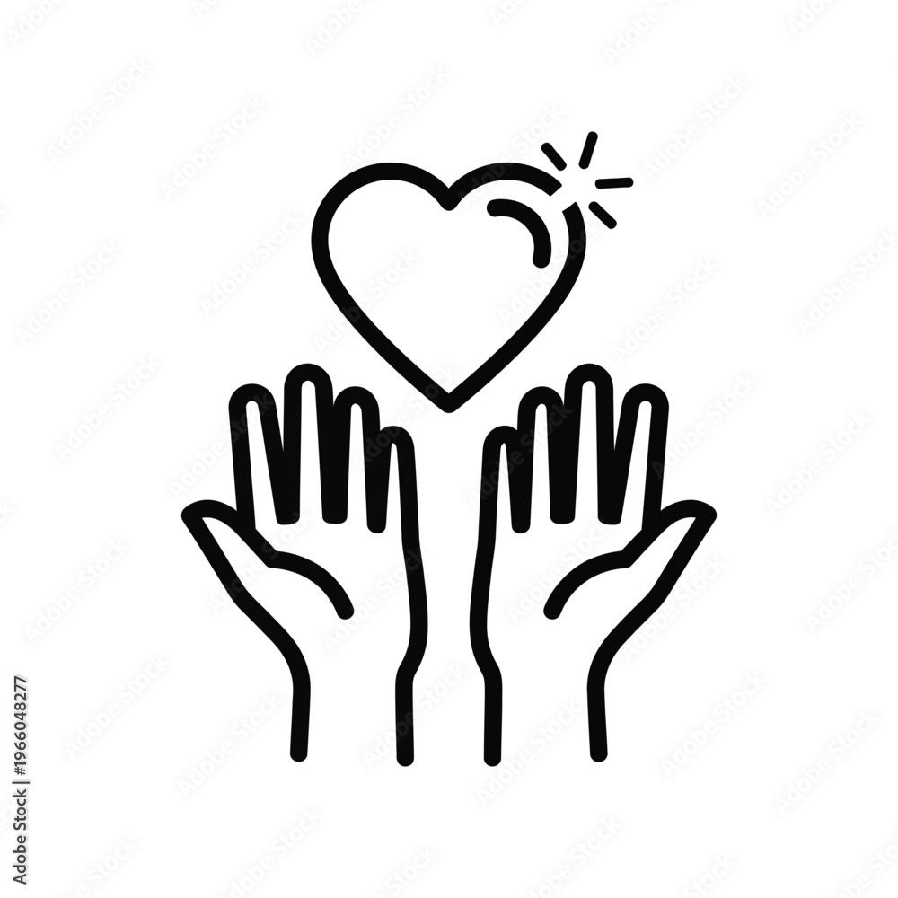 Obraz premium Minimalist line art icon of two hands reaching up to hold a shining heart, representing charity, love, and community support for non-profit organizations and humanitarian aid.