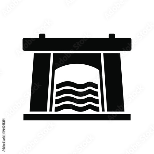 Minimalist black silhouette icon of a hydroelectric dam or water gate, symbolizing sustainable energy production, flood control, and industrial water management infrastructure.