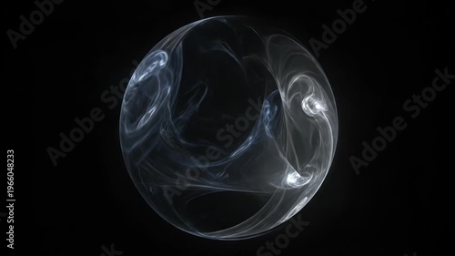 Abstract ethereal smoke swirls within a transparent sphere. Mysterious energy pulses and shifts in the dark.