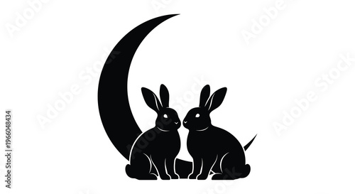 Two rabbits sit beneath a crescent moon creating a striking and elegant black shape silhouette high quality professional detailed modern stylish
