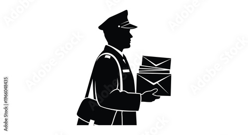 A striking black silhouette depicts a uniformed postal worker carrying mail exemplifying dedication and service silhouette high quality professional detailed modern