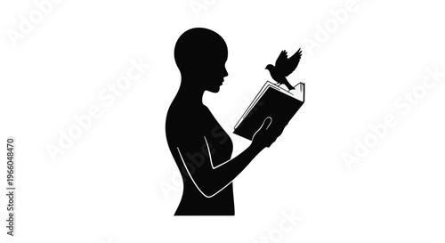 woman reading book with bird flying out