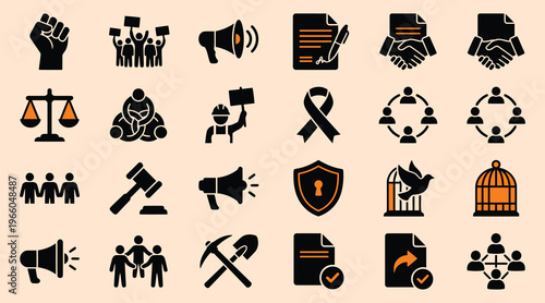 Collection of black and orange social justice and law icons on beige background