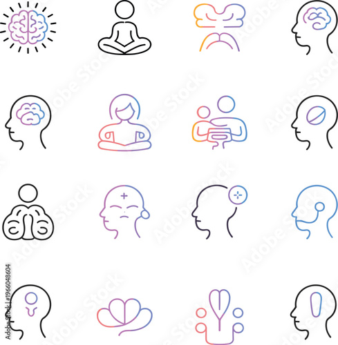 Mental Health and Psychology Icons Set – Brain, Mindfulness and Therapy Line Vector