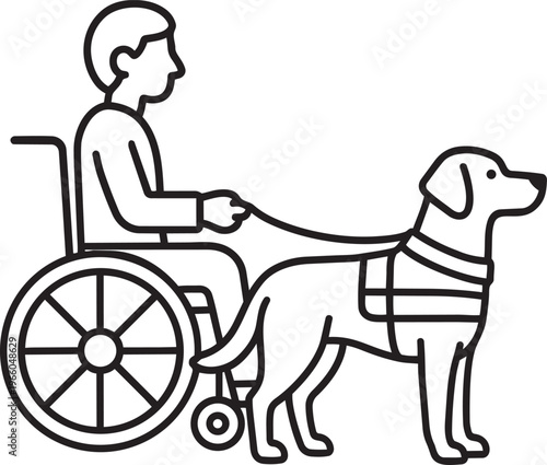 Wheelchair user walking with an assistance guide dog for physical rehabilitation and animal support vector line icon