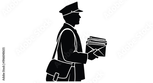 A classic depiction of a postal worker carrying mail shown in a striking black silhouette high quality professional detailed modern elegant