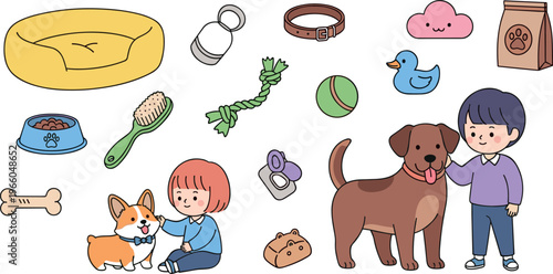 Dog Accessories and Toys Set Including Dog Bed, Food Bowl, Collar, Bone, and Playful Dogs with Kids for Pet-Themed Illustrations