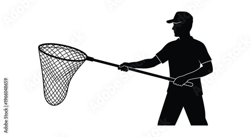 A black silhouette of a man holding a large butterfly net appearing to be catching insects silhouette high quality professional detailed