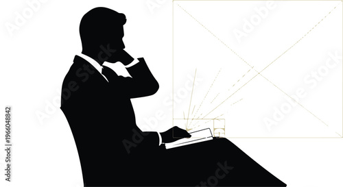 Silhouette of businessman sitting with laptop thinking