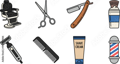 Black and white of vintage shaving tools and accessories set razor brush