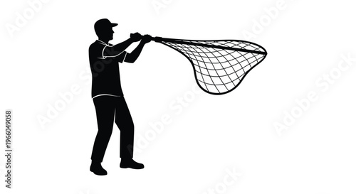 A fisherman stands poised holding a large dip net ready to scoop presented as a striking silhouette high quality professional detailed
