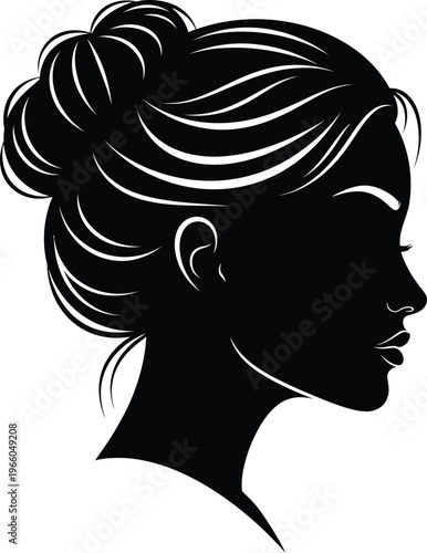 A minimalist black and white silhouette profile of a woman with a stylish and elegant hair bun Vector