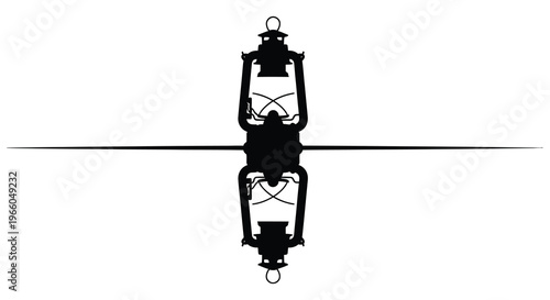 A stark black silhouette of an antique lantern with ornate metalwork rests above a simple horizontal line silhouette high quality professional