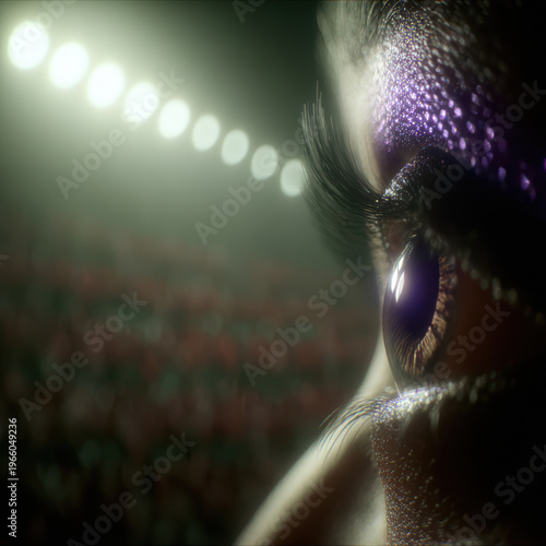 Extreme close-up fan eye with purple glitter makeup at stadium event
