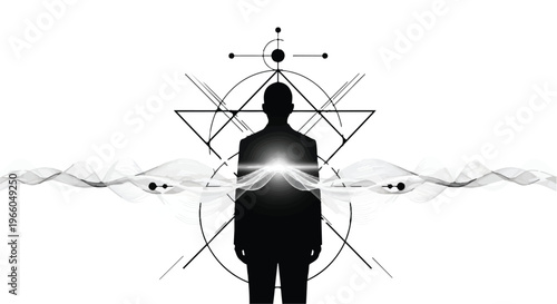 Silhouette of a person with glowing energy and geometric shapes