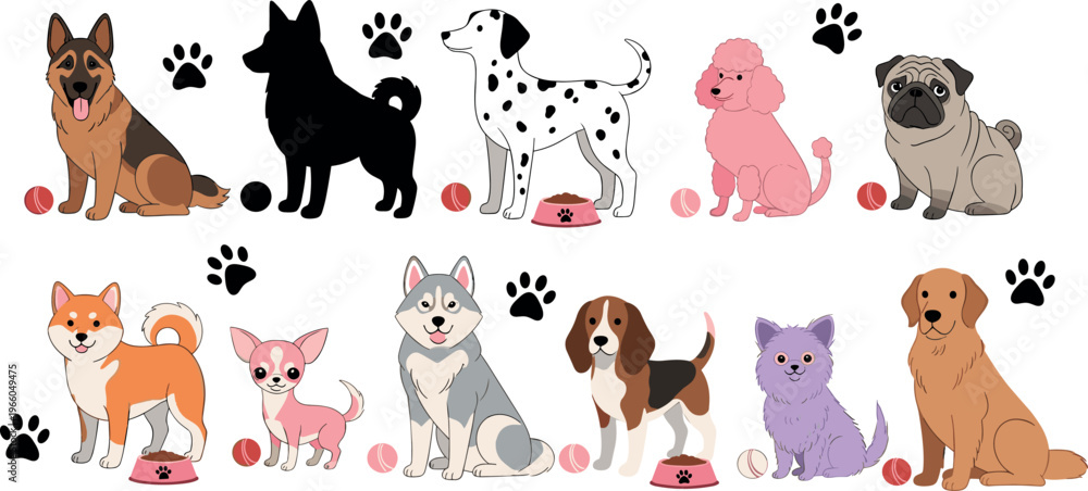 Fototapeta premium Dog Breed Character Set Featuring German Shepherd, Shiba Inu, Dalmatian, Poodle, Pug, and Other Dogs with Toys for Pet-Themed Illustrations and Designs