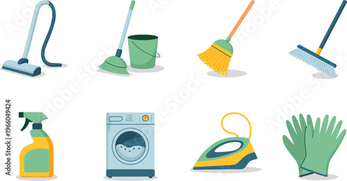 Flat of cleaning tools and a smartphone with a green plant broom bucket sponge