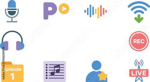 Episode 1 podcast recording setup with microphone and sound waves audio recording