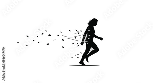 silhouette of woman running free with leaves blowing