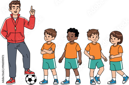 Soccer coach with kids team vector illustration showing diverse children learning football training and teamwork sports education concept