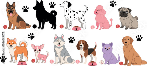 Dog Breed Character Set Featuring German Shepherd, Shiba Inu, Dalmatian, Poodle, Pug, and Other Dogs with Toys for Pet-Themed Illustrations and Designs