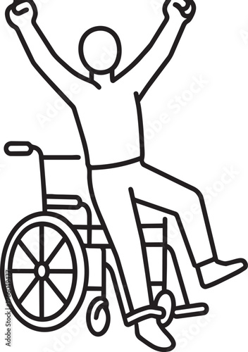 Happy person in wheelchair raising arms in victory celebrating success and active lifestyle line icon vector illustration