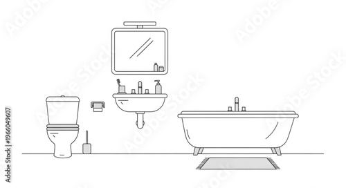 Bathroom Interior Sketch - Toilet, Sink, Bathtub, and Mirror.