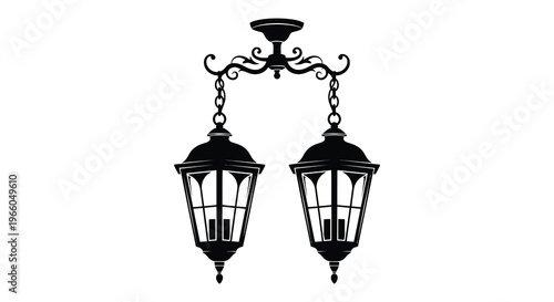 Two ornate vintage chandeliers hang from the ceiling rendered as a striking black silhouette high quality professional detailed modern elegant stylish