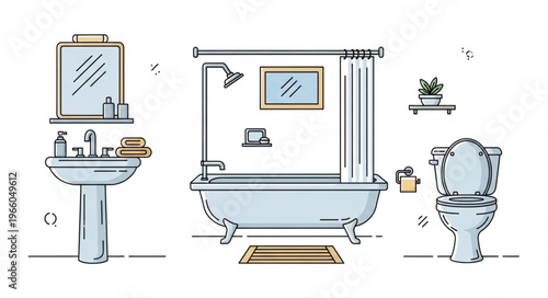 Bathroom Interior Illustration - Sink, Bathtub, Toilet, and Mirror.