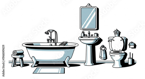 Bathroom Interior Sketch - Bathtub, Sink, Toilet, and Mirror Illustration.